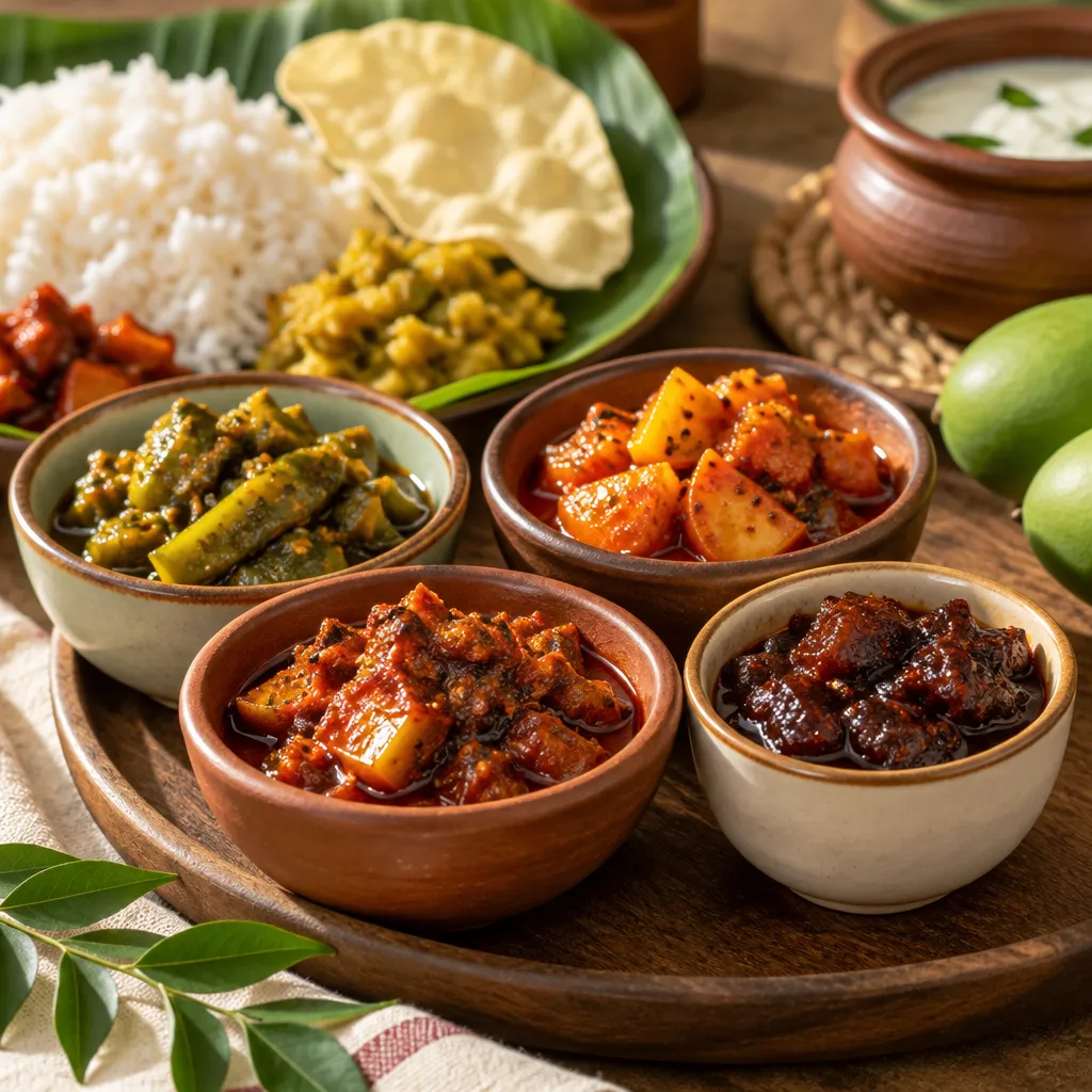A spread of pickles and condiments
